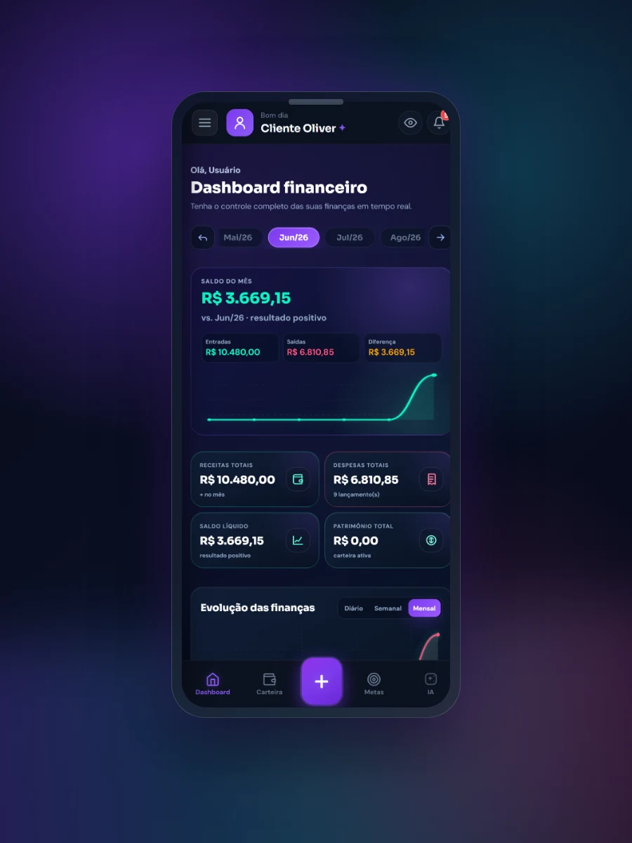 Dashboard mobile do Oliver Finance