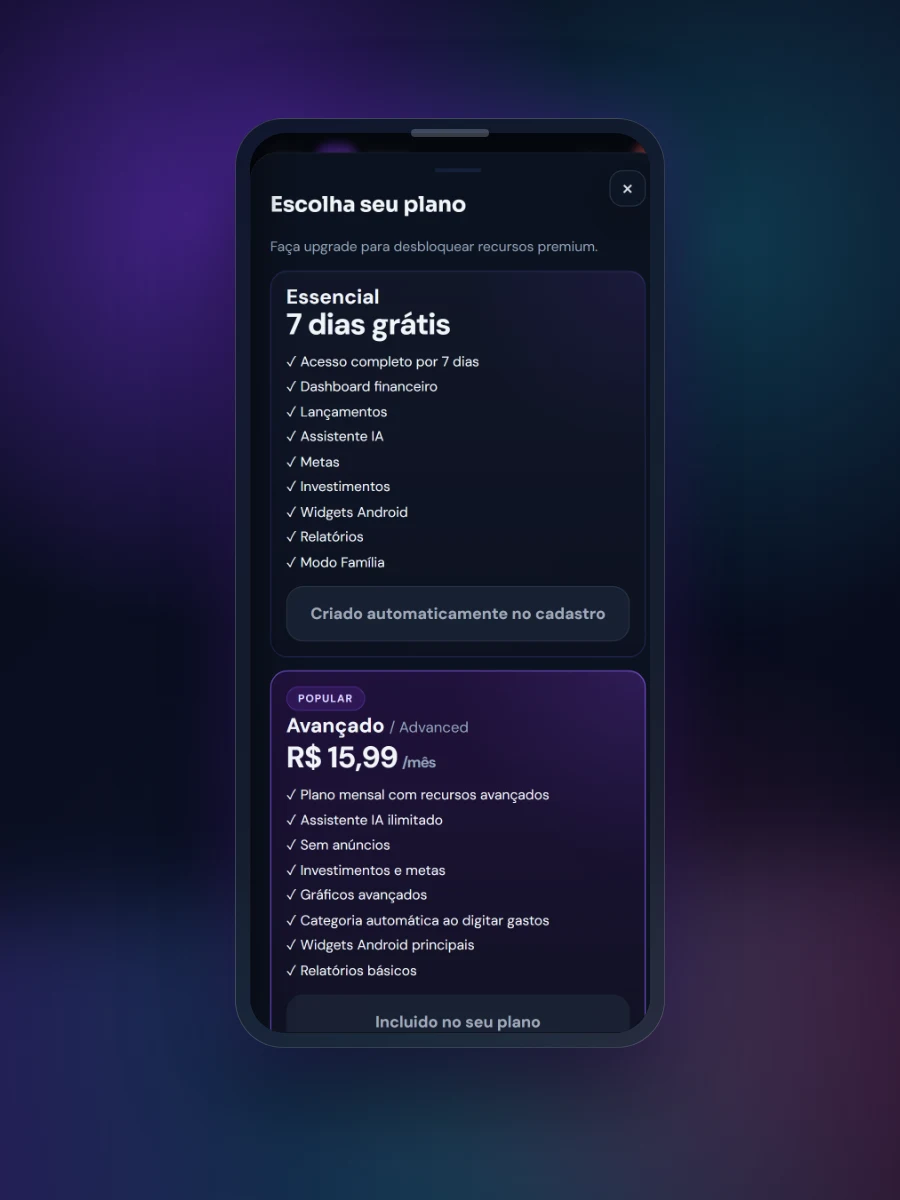 Tela de planos e assinatura do Oliver Finance