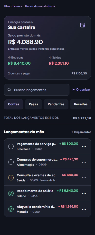 Carteira organizada — tela atual com dados demonstrativos